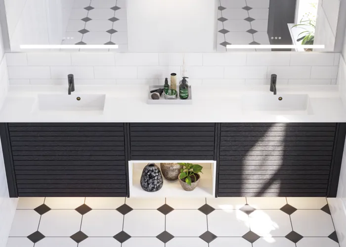 Large bathroom inspiration with noir oak bathroom furniture with elegant grooves, stylish double sink, square mirrors, white tiles with a geometric pattern give a bright, symmetrical, and classic look.