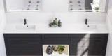 Large bathroom inspiration with noir oak bathroom furniture with elegant grooves, stylish double sink, square mirrors, white tiles with a geometric pattern give a bright, symmetrical, and classic look.