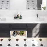 Large bathroom inspiration with noir oak bathroom furniture with elegant grooves, stylish double sink, square mirrors, white tiles with a geometric pattern give a bright, symmetrical, and classic look.
