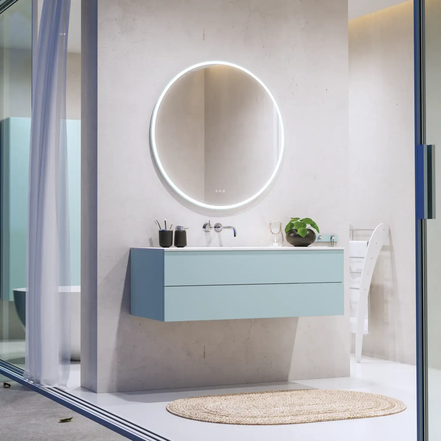 Lovely large bathroom with furniture in light, blue colors oozing with Nordic style