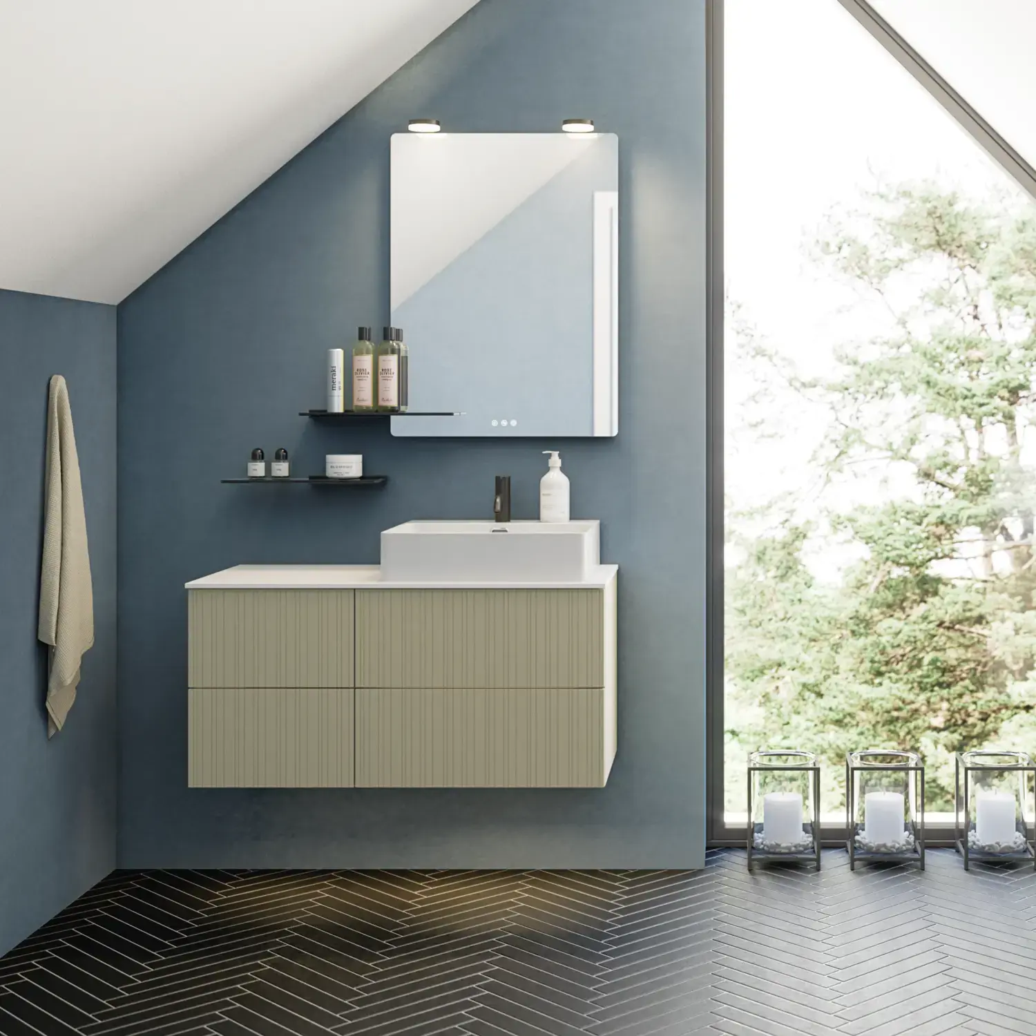 Bathroom with slanted ceiling inspiration, beige furniture with grooves, elegant countertop and square sink, beautiful mirror with shelves, blue walls, large windows, and black herringbone floor give a bright, urban look.