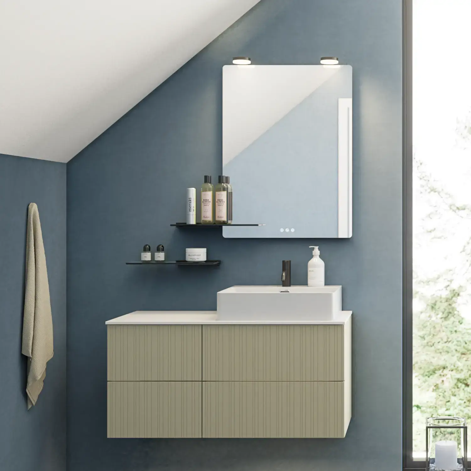 Bathroom with slanted ceiling inspiration, beige furniture with grooves, elegant countertop and square sink, beautiful mirror with shelves, blue walls, large windows, and black herringbone floor give a bright, urban look.