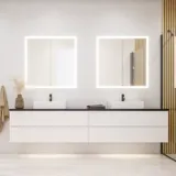 Large bathroom inspiration in a modern and minimalist style with white bathroom furniture and an elegant black countertop with square free-standing sinks, aesthetic and practical built-in mirror cabinets with light frame, and walk-in shower