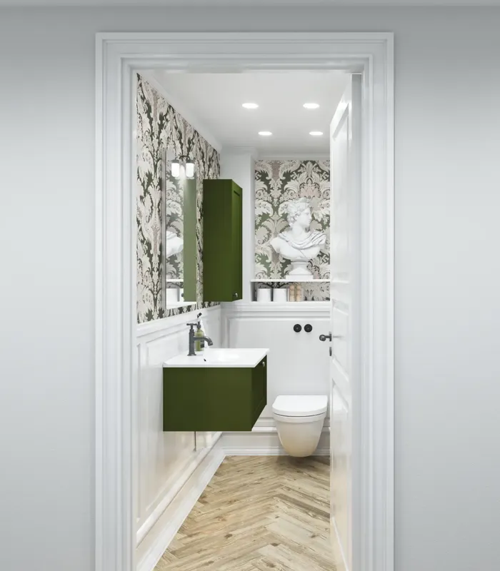 Small bathroom inspiration in a classic style with vanity unit and olive green cabinet, a beautiful square mirror, herringbone floor, and wallpaper provide a luxurious and refined look.