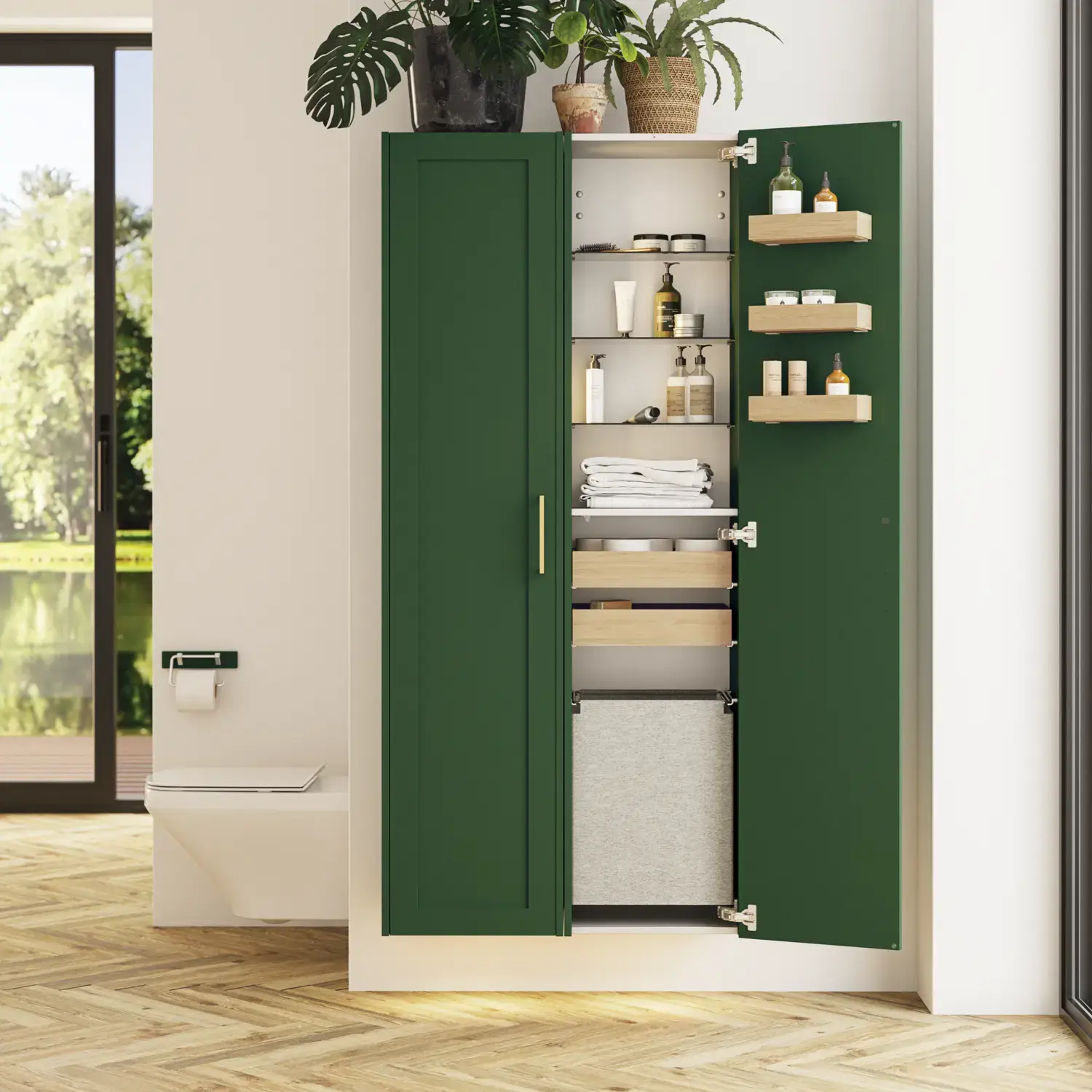 Large bathroom in green colors with vanity unit, brass framed oval mirror and beautiful framed doors