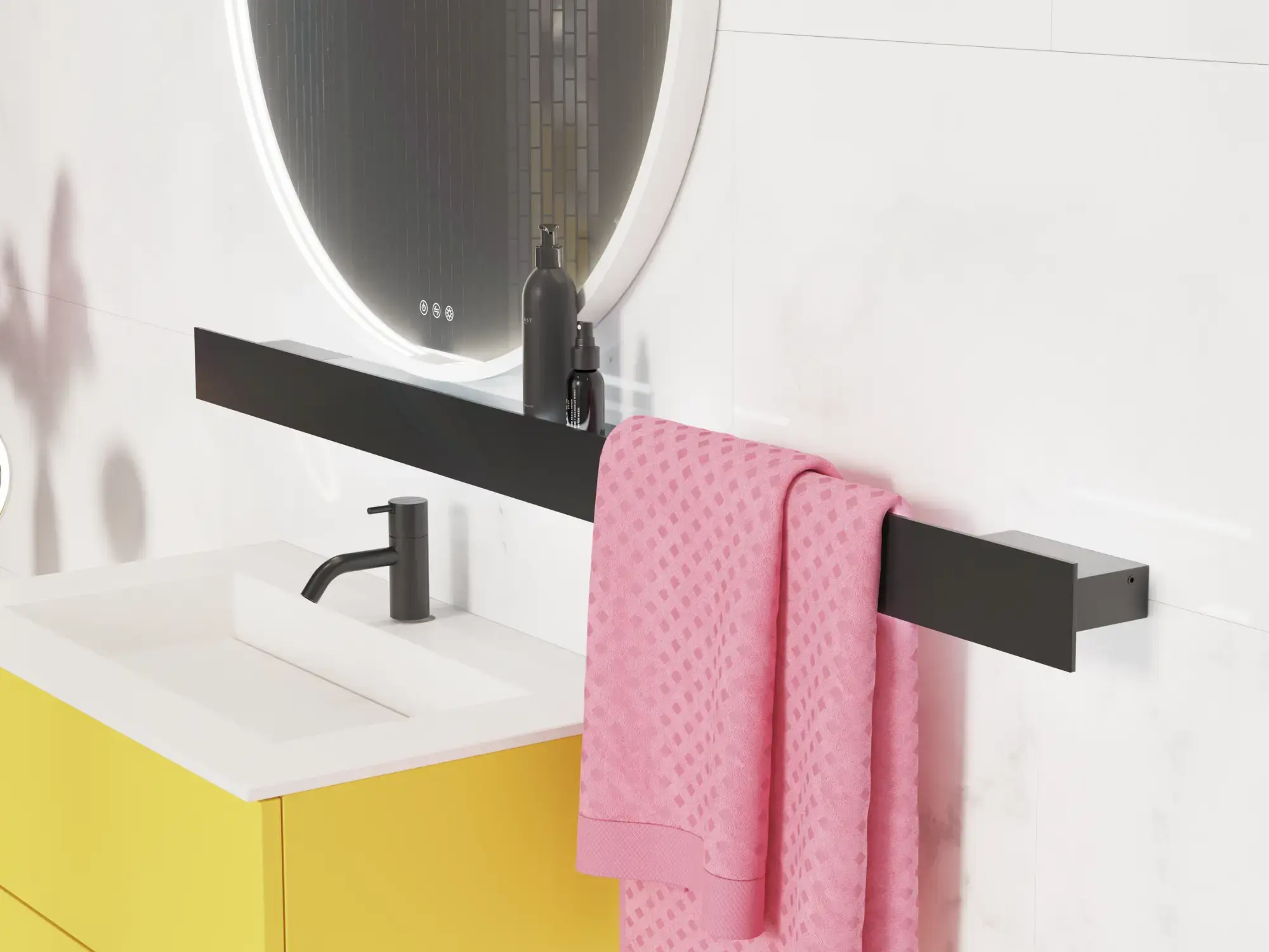 Large bathroom inspiration with a yellow vanity unit with an elegant white sink and countertop, stylish black shelf, and beautiful round mirror with white border, white marble walls and floor, and small black tiles give a modern and urban look.