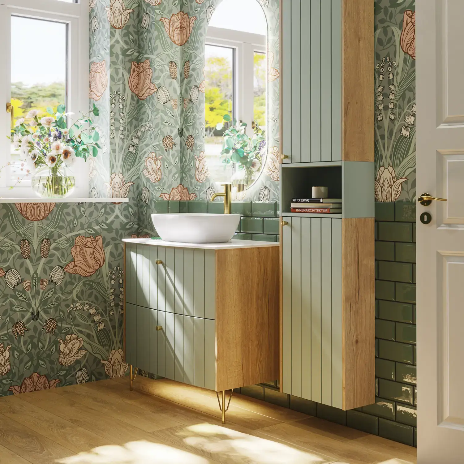 Bathroom inspiration with green special color bathroom furniture with natural oak sides, elegant grooves, stylish countertop with romantic oval countertop sink, beautiful oval mirror, combined with floral wallpaper gives a graceful, vintage retro look.