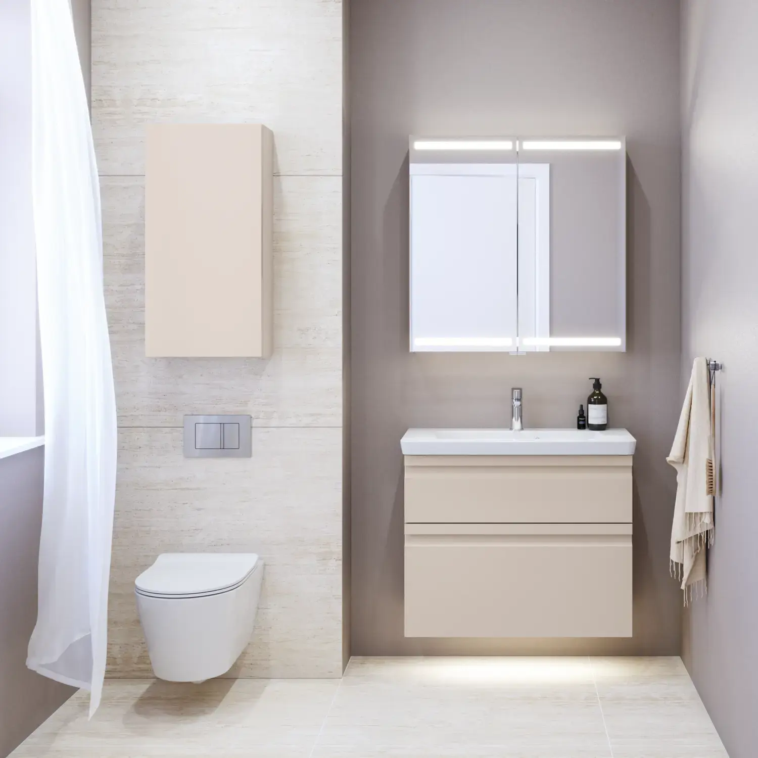 Small bathroom inspiration with a vanity unit and cabinet above the toilet in a beige custom color, elegant mirror cabinet with integrated lighting, the light colors and white curtain create a romantic and feminine atmosphere.
