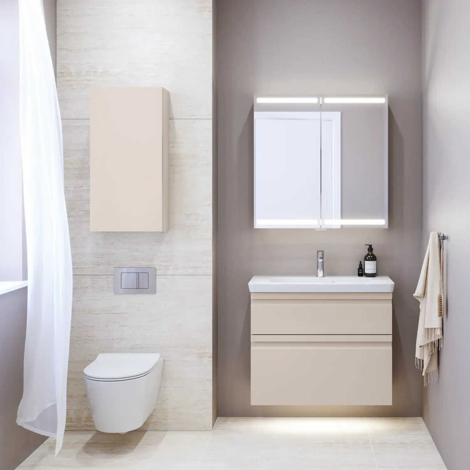 Small bathroom inspiration with a vanity unit and cabinet above the toilet in a beige custom color, elegant mirror cabinet with integrated lighting, the light colors and white curtain create a romantic and feminine atmosphere.