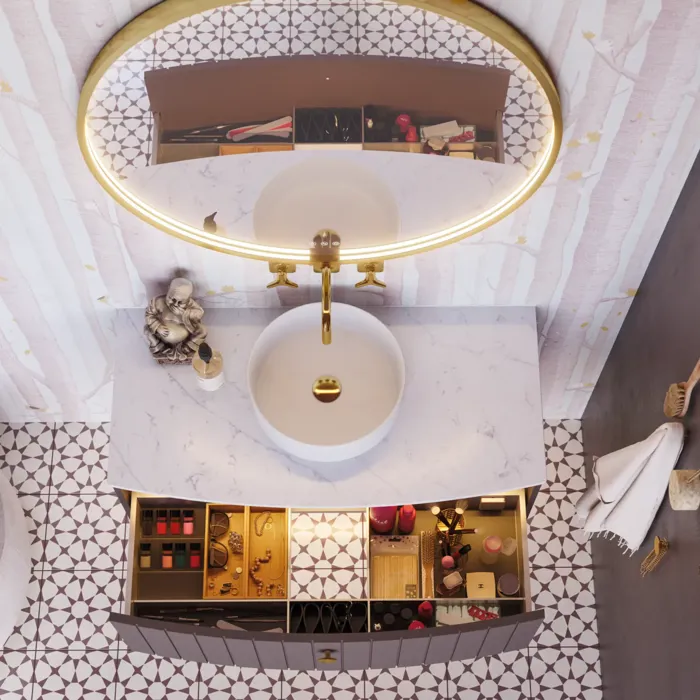 Bathroom inspiration with custom purple cabinets featuring elegant grooves, stylish countertop with a vessel sink, large mirror with brass edge, tiles and walls in purple shades create a romantic and feminine look