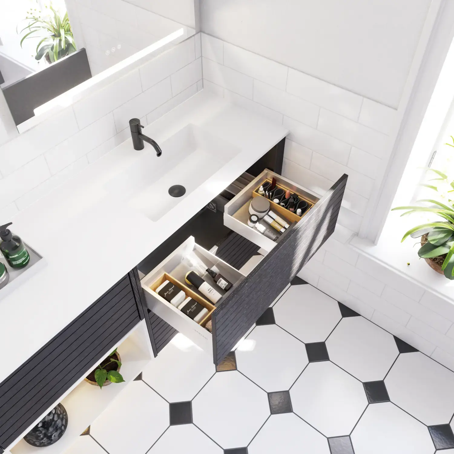 Large bathroom inspiration with noir oak bathroom furniture with elegant grooves, stylish double sink, square mirrors, white tiles with a geometric pattern give a bright, symmetrical, and classic look.