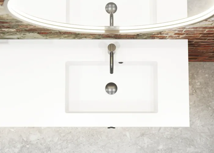 Raw and modern bathroom in an urban style. Beautiful vanity units and black framed round mirrors
