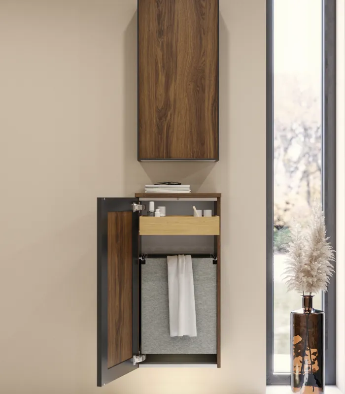 Large bathroom inspiration with brown oak furniture, black frame fronts, double sink, black shelf, rounded mirrors, black corner shower with folding doors, white tiles, and beige walls for a modern look