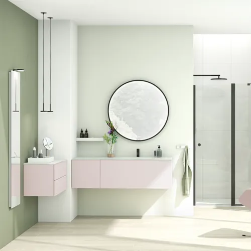 Large and bright bathroom in a minimalist style with soft pastel colours and elegant green hues, stylish round mirror and modern décor