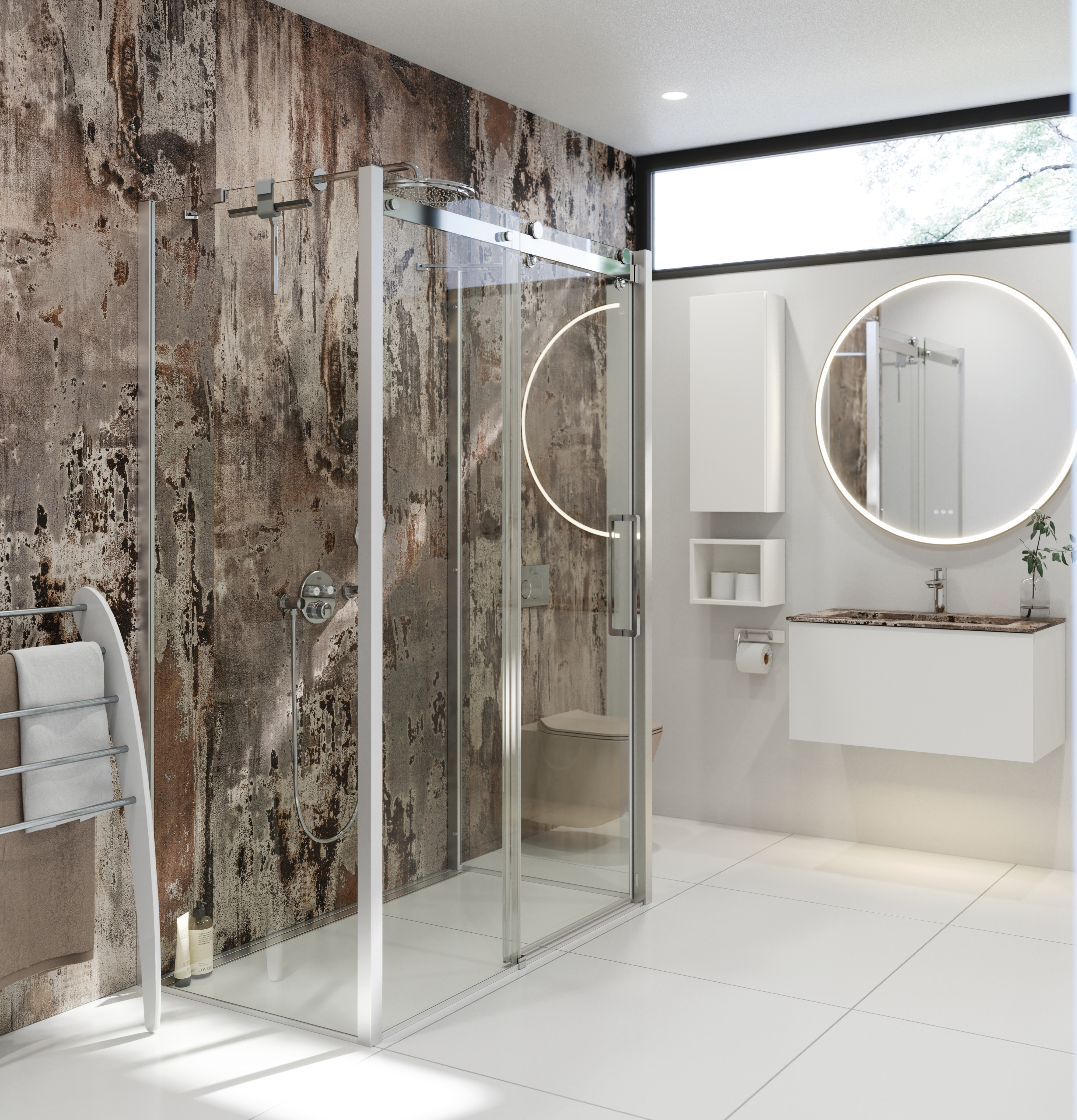 Bathroom inspiration with luxurious shower cubicle with sliding door, white bathroom furniture and a raw-look wall that gives the bathroom a raw and urban feel