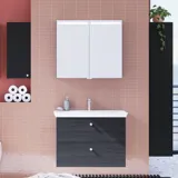 Large bathroom inspiration with bathroom furniture in Black Structure with elegant basins and a beautiful mirror cabinet with integrated lighting, terrazzo floor and red walls and tiles for a modern look.