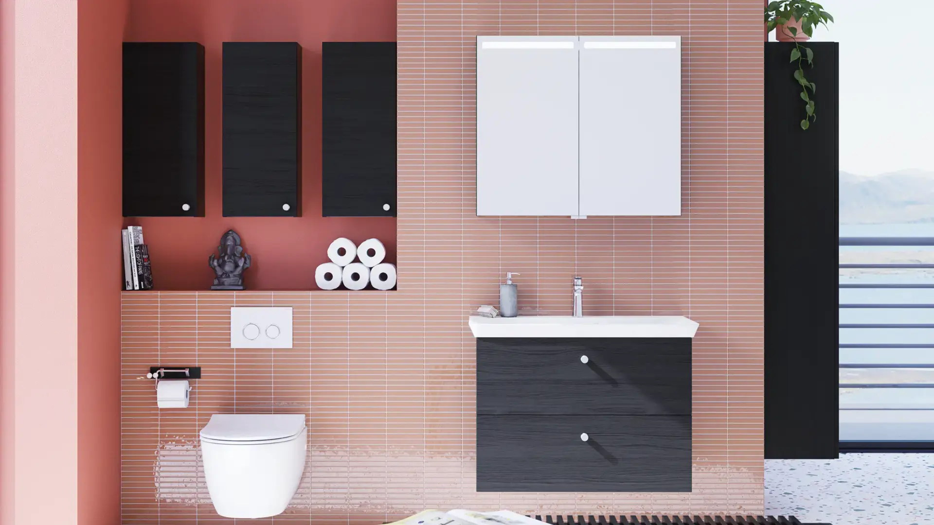 Large bathroom inspiration with bathroom furniture in Black Structure with elegant basins and a beautiful mirror cabinet with integrated lighting, terrazzo floor and red walls and tiles for a modern look.