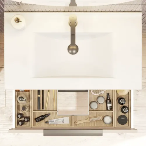 Bathroom inspiration with an elegant sink and a vanity unit with practical and stylish drawer organization in the form of beautiful wooden boxes, providing optimal space utilization.