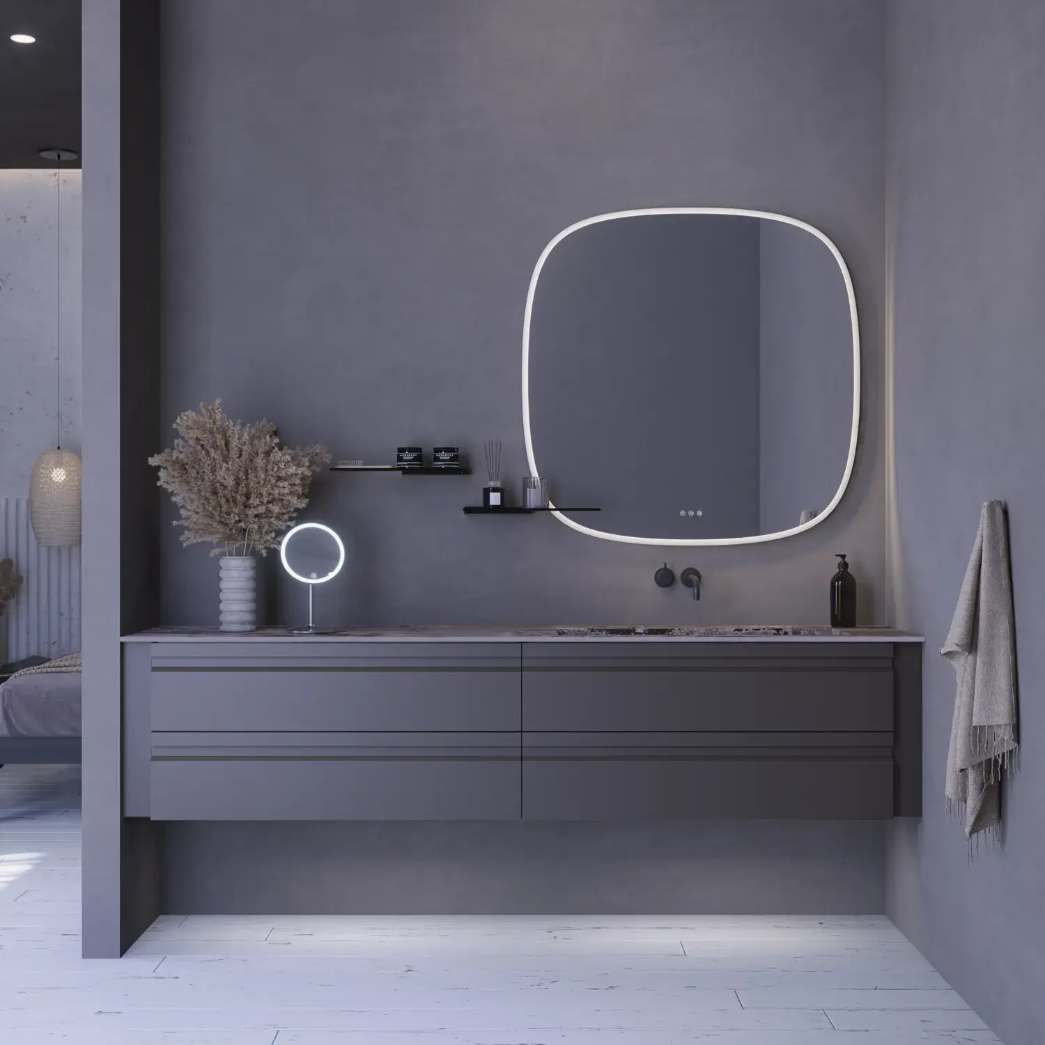 Large bathroom inspiration with grey vanity unit with integrated handle, stylish side-mounted sink, square mirror with rounded corners, concrete-look walls and raw materials for an urban look