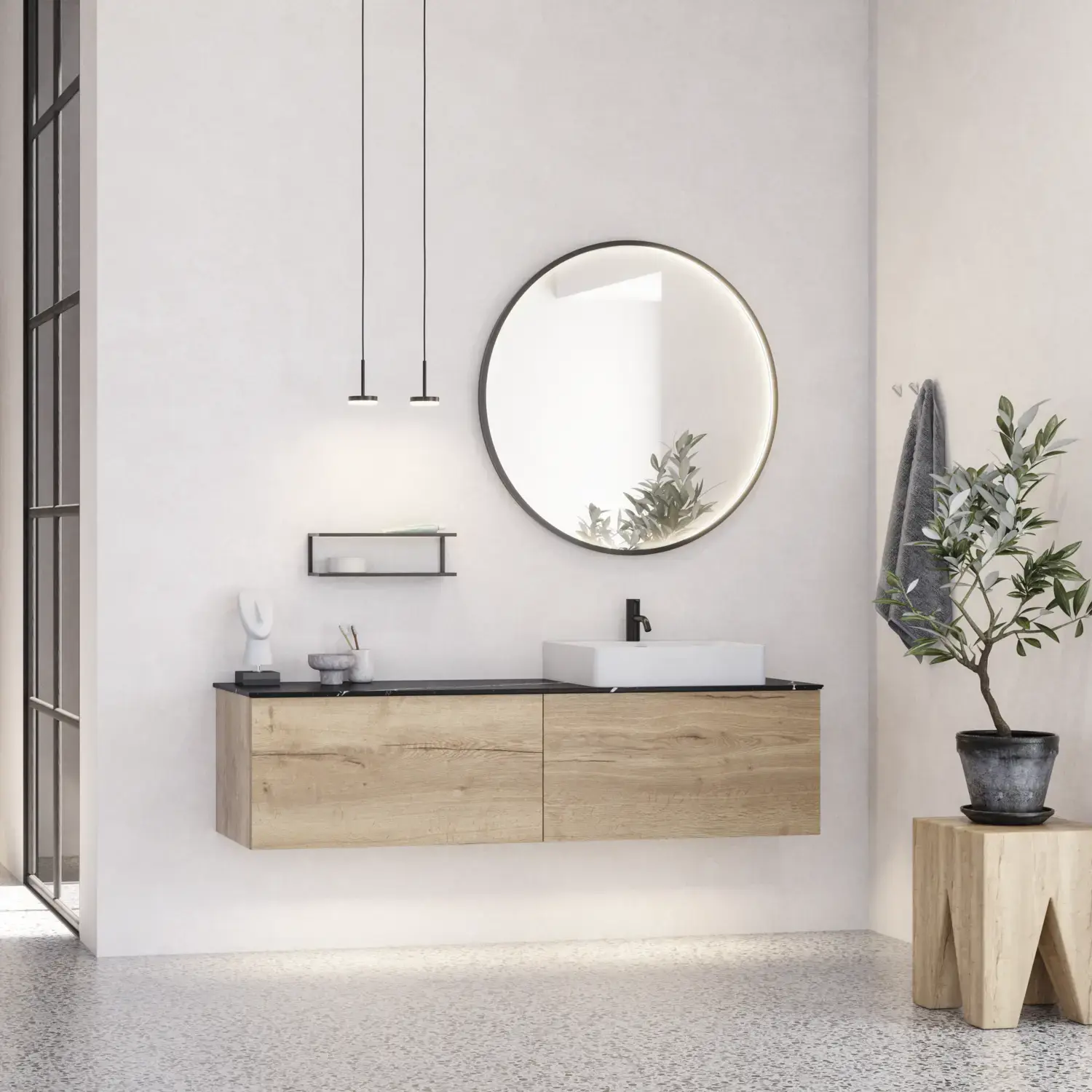 Large urban bathroom inspiration with natural oak furniture, stone countertop with square basin, round mirror with black frame, natural colors, and terracotta floor for an industrial and modern look