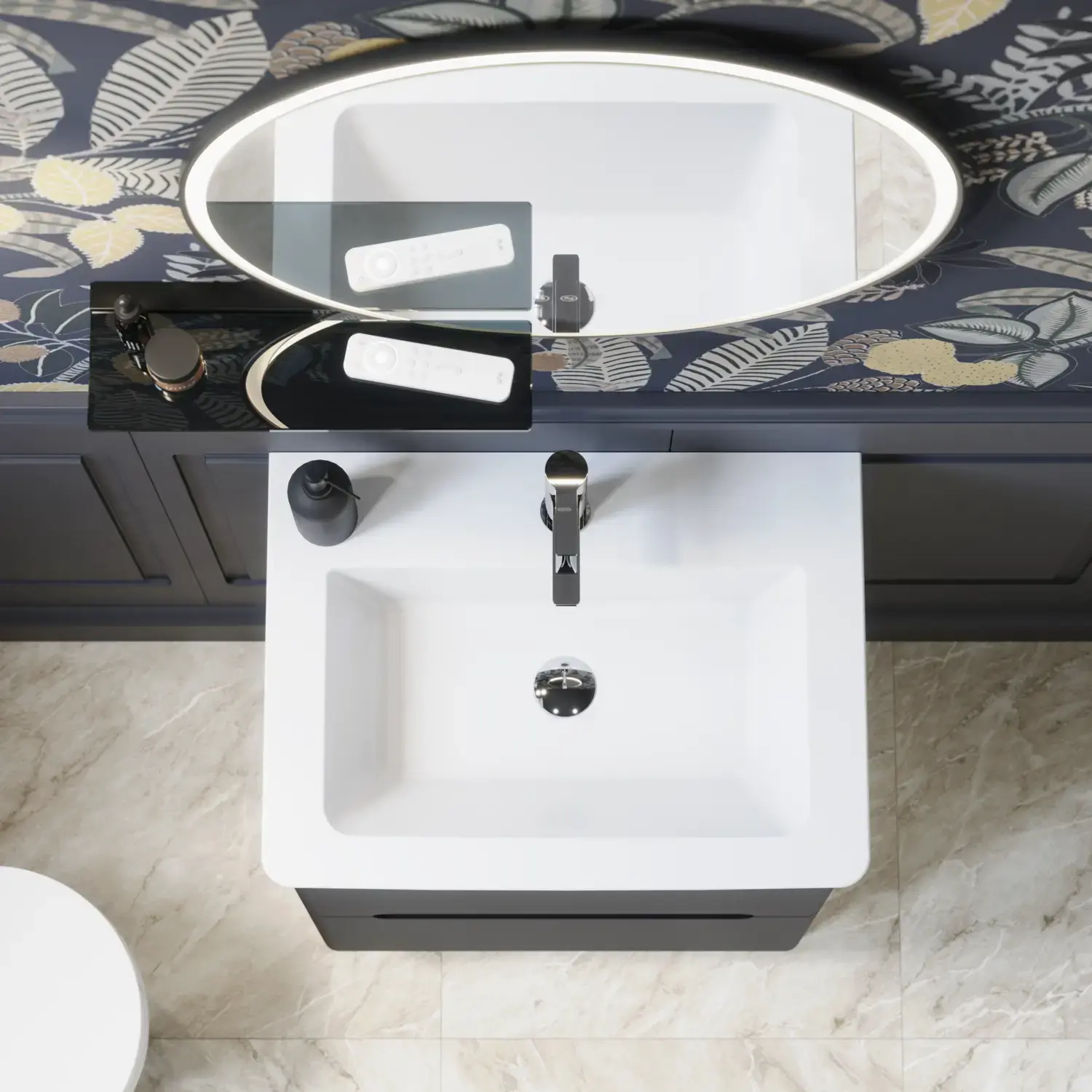 Bathroom inspiration with dark blue wall panels, romantic floral wallpaper, dark blue vanity with soft curves, and a beautiful round mirror with light, creating a vintage look