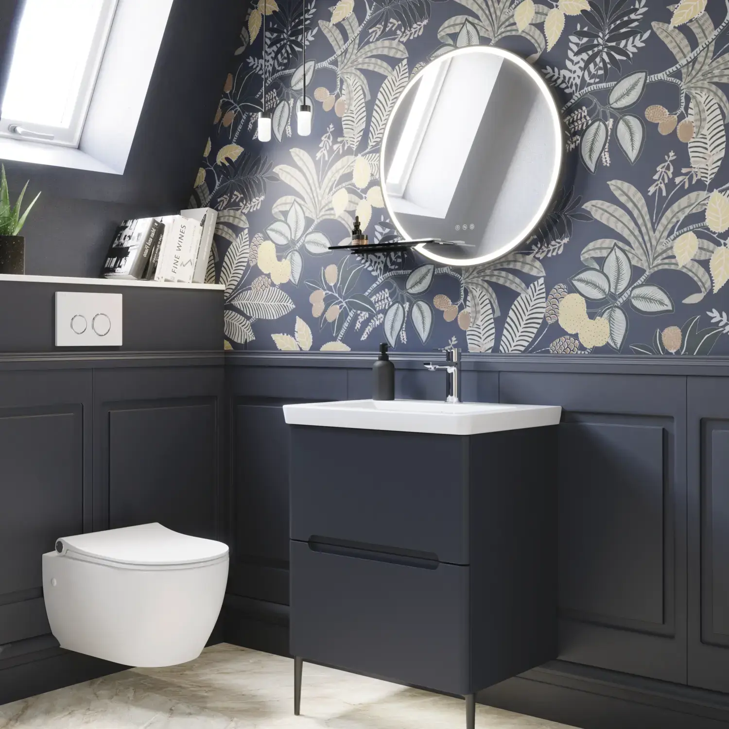 Bathroom inspiration with dark blue wall panels, romantic floral wallpaper, dark blue vanity with soft curves, and a beautiful round mirror with light, creating a vintage look