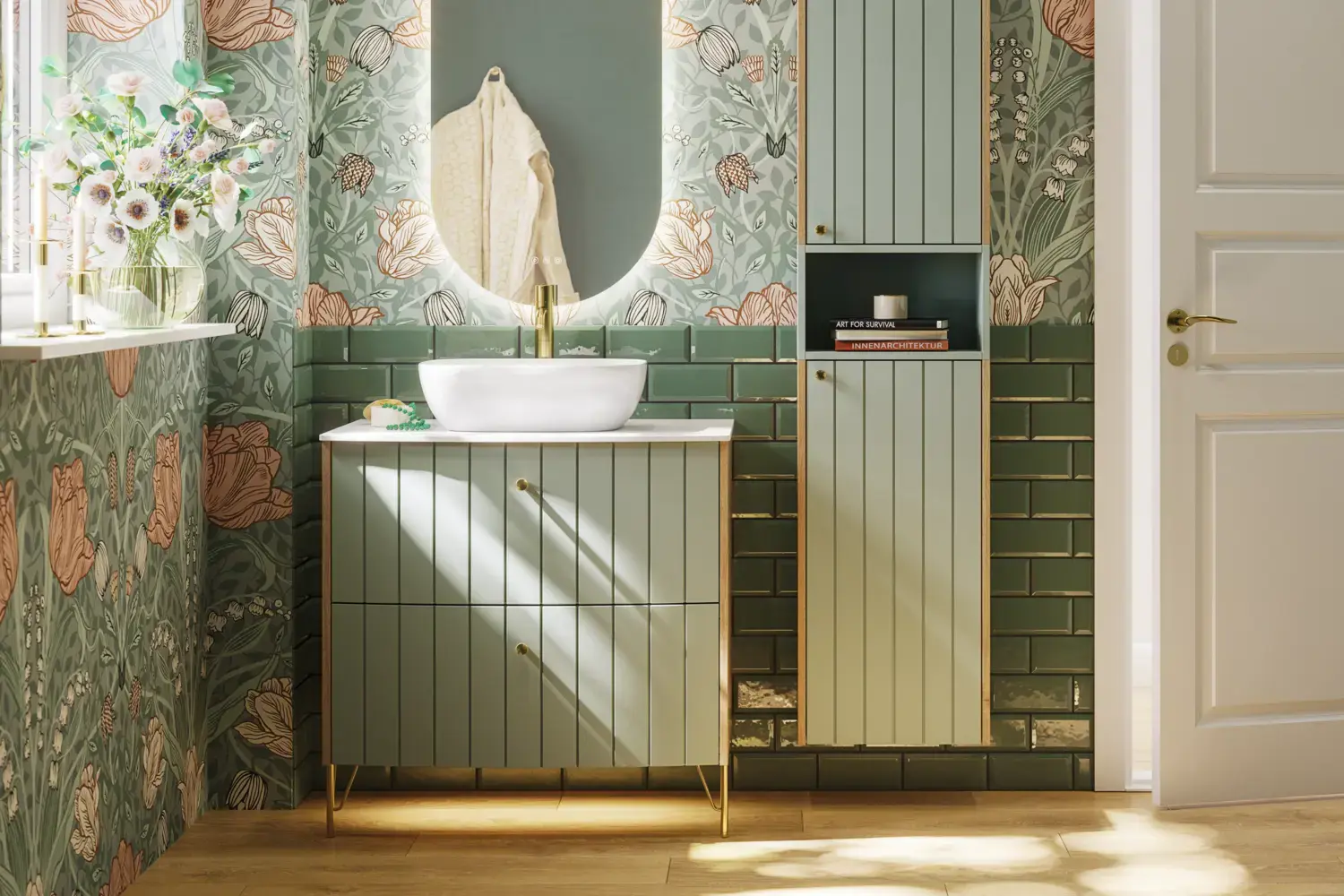 Bathroom inspiration with green special color bathroom furniture with natural oak sides, elegant grooves, stylish countertop with romantic oval countertop sink, beautiful oval mirror, combined with floral wallpaper gives a graceful, vintage retro look.