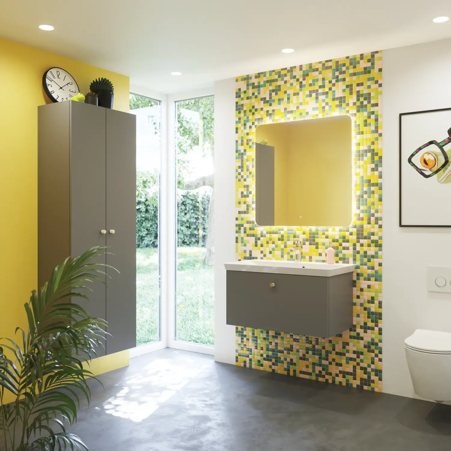 Bathroom inspiration with bathroom furniture in matt grey with elegant washbasin, beautiful square mirror, grey floor and small tiles in different shades of yellow and green, which with yellow wall gives a bright and playful expression
