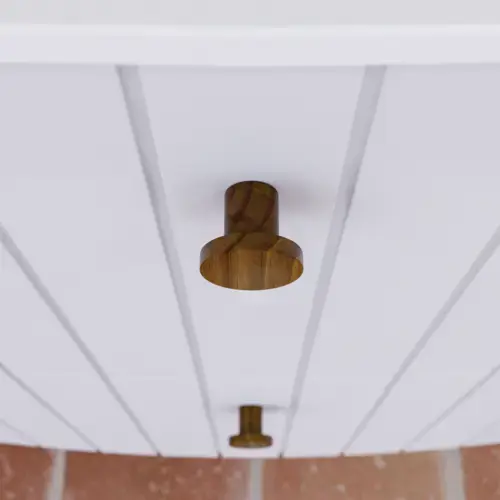 Large bathroom inspiration with white ribbed furniture, elegant countertops and countertop basins, oval mirrors with lights, exposed beams and patterned tiles create a vintage and stylish look