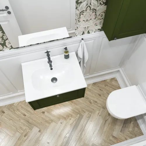 Small bathroom inspiration in a classic style with vanity unit and olive green cabinet, a beautiful square mirror, herringbone floor, and wallpaper provide a luxurious and refined look.