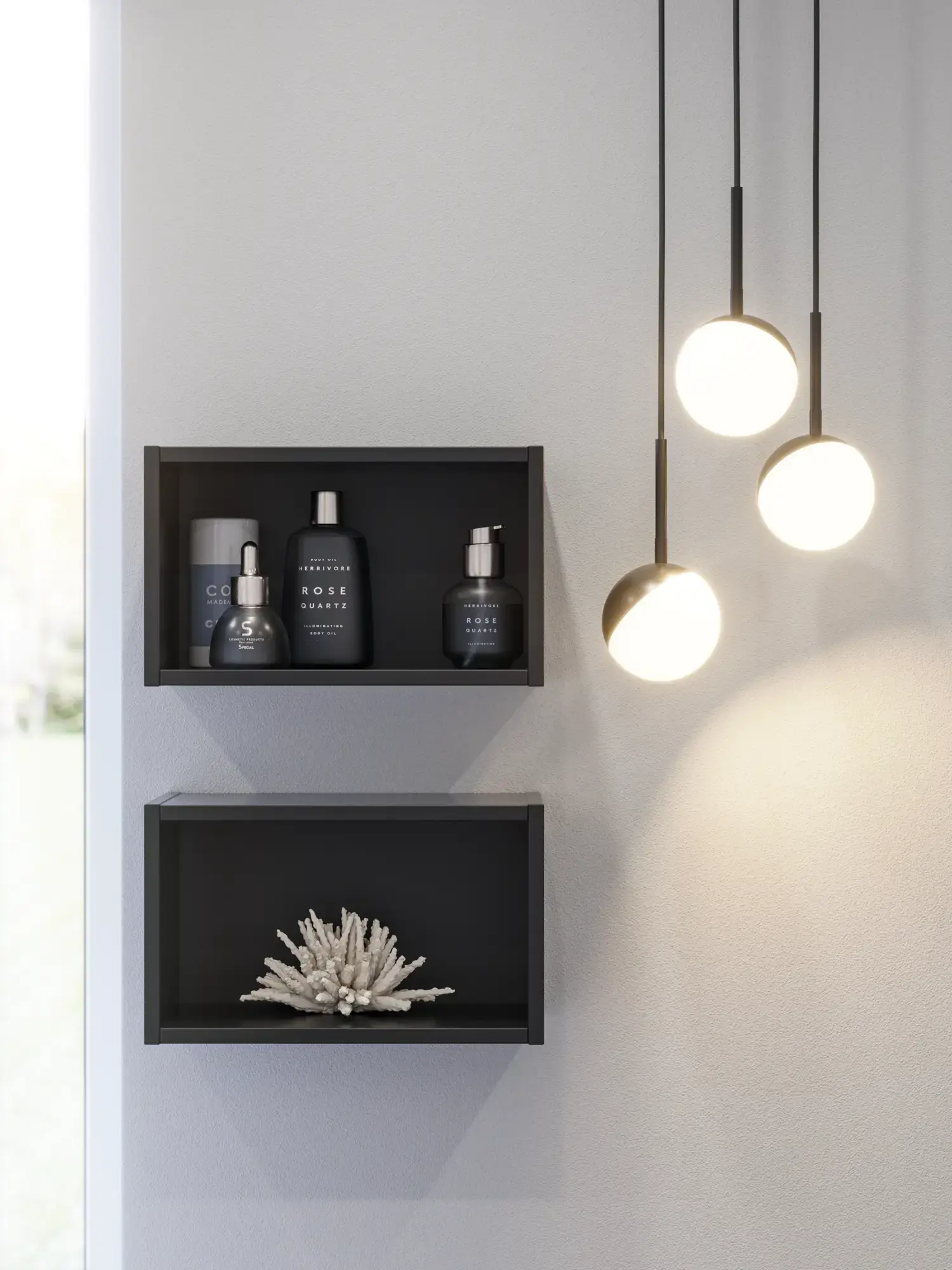 Bathroom inspiration with stylish bathroom accessories, elegant round pendant lights, and minimalist black open modules that put the finishing touch on the bathroom.