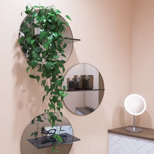Small bathroom inspiration with a washbasin cabinet in a special color, mirror cabinet with lights, decorative mirrors with tinted glass shelf, white herringbone tiles give a sleek and classic look.