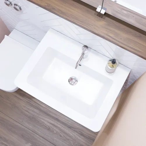 Small bathroom inspiration with a washbasin cabinet in a special color, mirror cabinet with lights, decorative mirrors with tinted glass shelf, white herringbone tiles give a sleek and classic look.