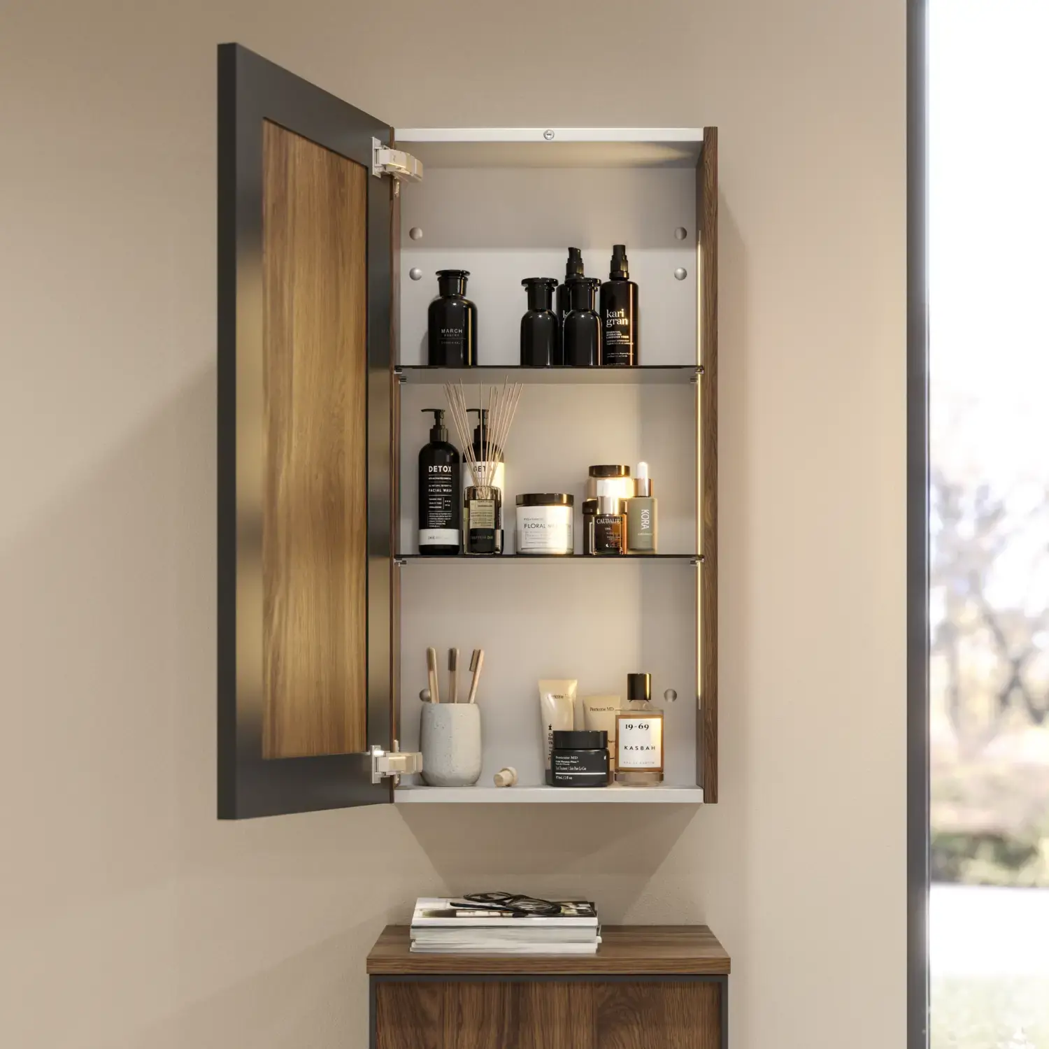Large bathroom inspiration with brown oak furniture, black frame fronts, double sink, black shelf, rounded mirrors, black corner shower with folding doors, white tiles, and beige walls for a modern look