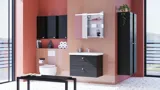Large bathroom inspiration with bathroom furniture in Black Structure with elegant basins and a beautiful mirror cabinet with integrated lighting, terrazzo floor and red walls and tiles for a modern look.