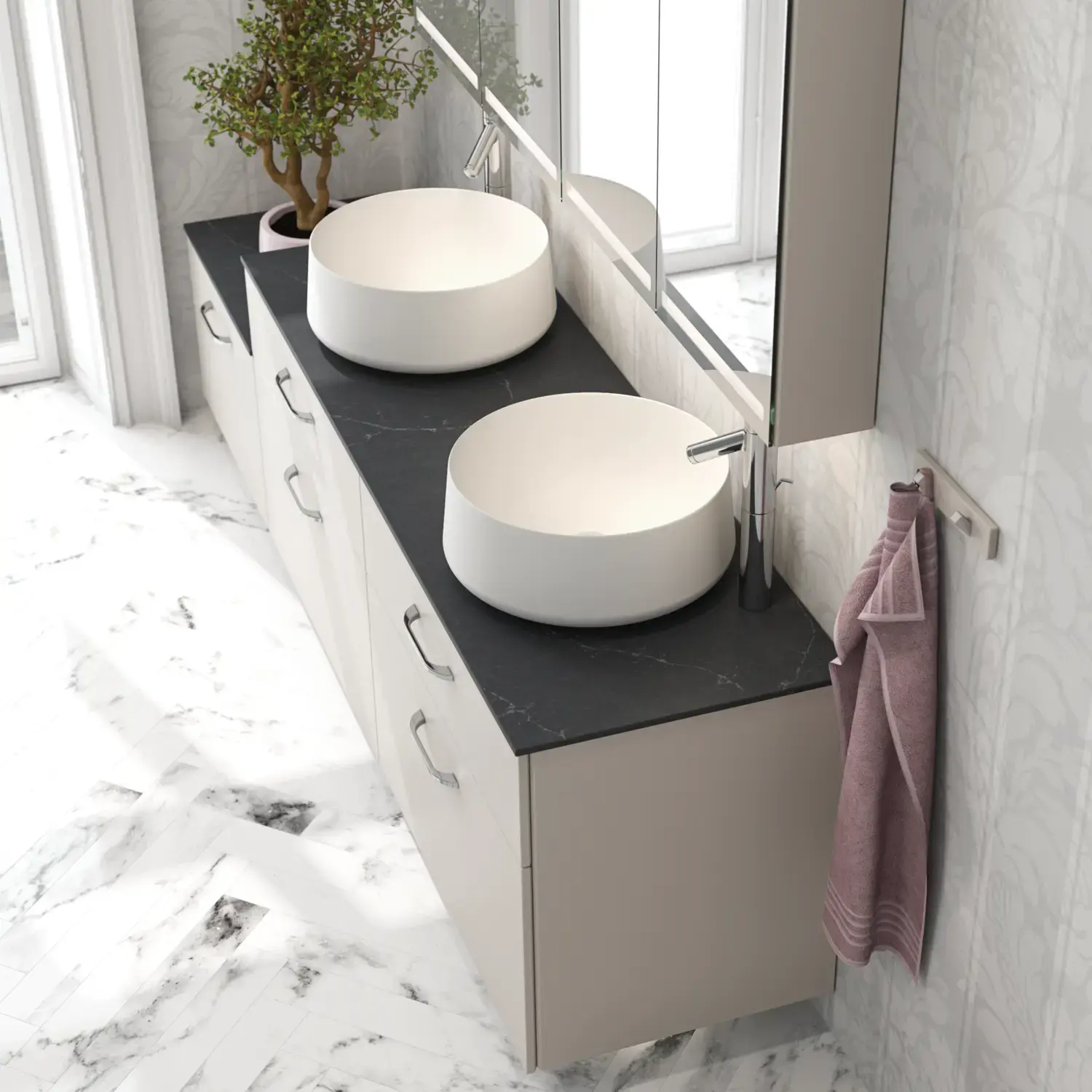 Romantic bathroom inspiration with mirror cabinet offering practical and graceful storage solutions, double countertop sinks on a stone countertop.