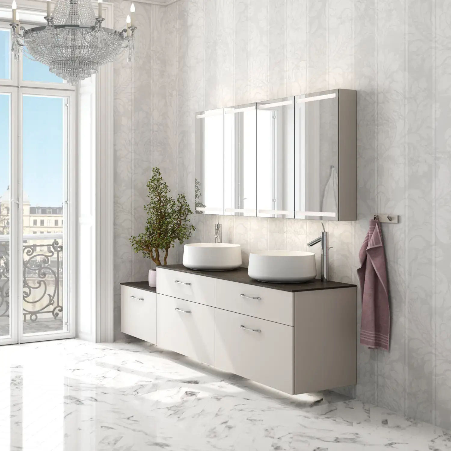 Romantic bathroom inspiration with mirror cabinet offering practical and graceful storage solutions, double countertop sinks on a stone countertop.