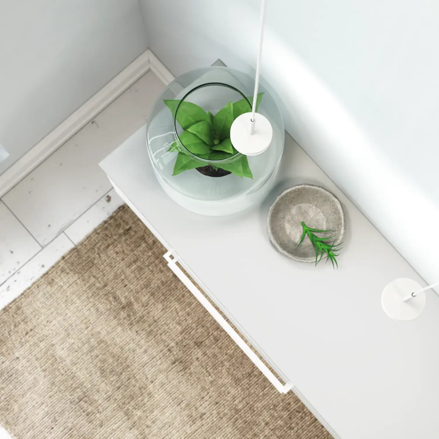 Large and romantic bathroom with brass framed round mirror