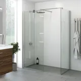 Large bathroom inspiration with a vanity unit with deep drawer in brown oak, beautiful double sink, elegant mirror cabinet with integrated light and walk-in shower with satin details, large light tiles create a bright and modern look.