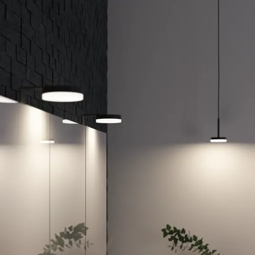 Bathroom inspiration with modern black lamps, highlighting the bathroom's minimalist and elegant style with dim lighting.