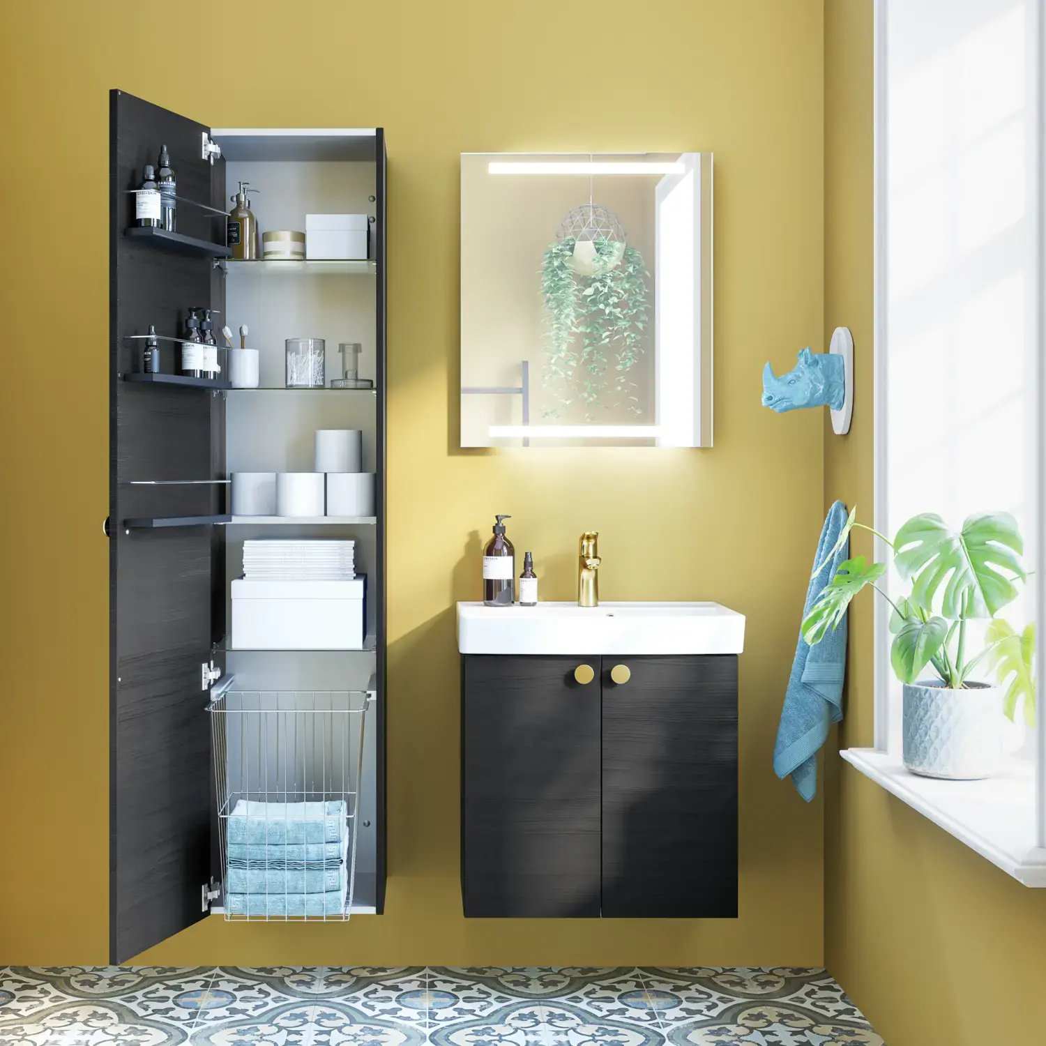 Small bathroom inspiration with bathroom furniture in black structure with elegant washbasin, practical and stylish decor and round brass handles, square mirror with integrated light for a modern look.