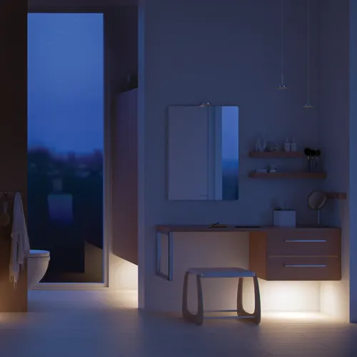 Modern bathroom in Nordic style with light wood, elegant lighting, mirror cabinet wall, and stylish decor, creating a warm and inviting atmosphere.