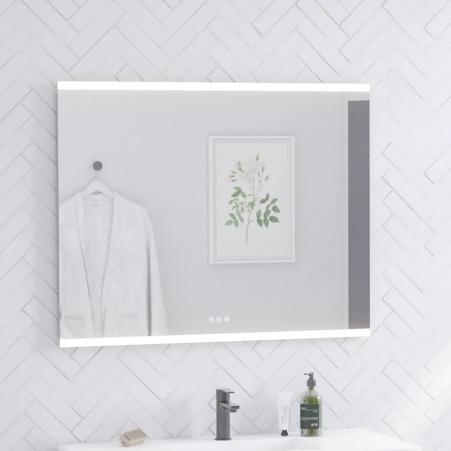 Bathroom inspiration with a washbasin cabinet and tall cabinets in black oak, an elegant square washbasin and square mirror with integrated lighting, large white floor tiles, and herringbone wall tiles creating a bright and modern look.