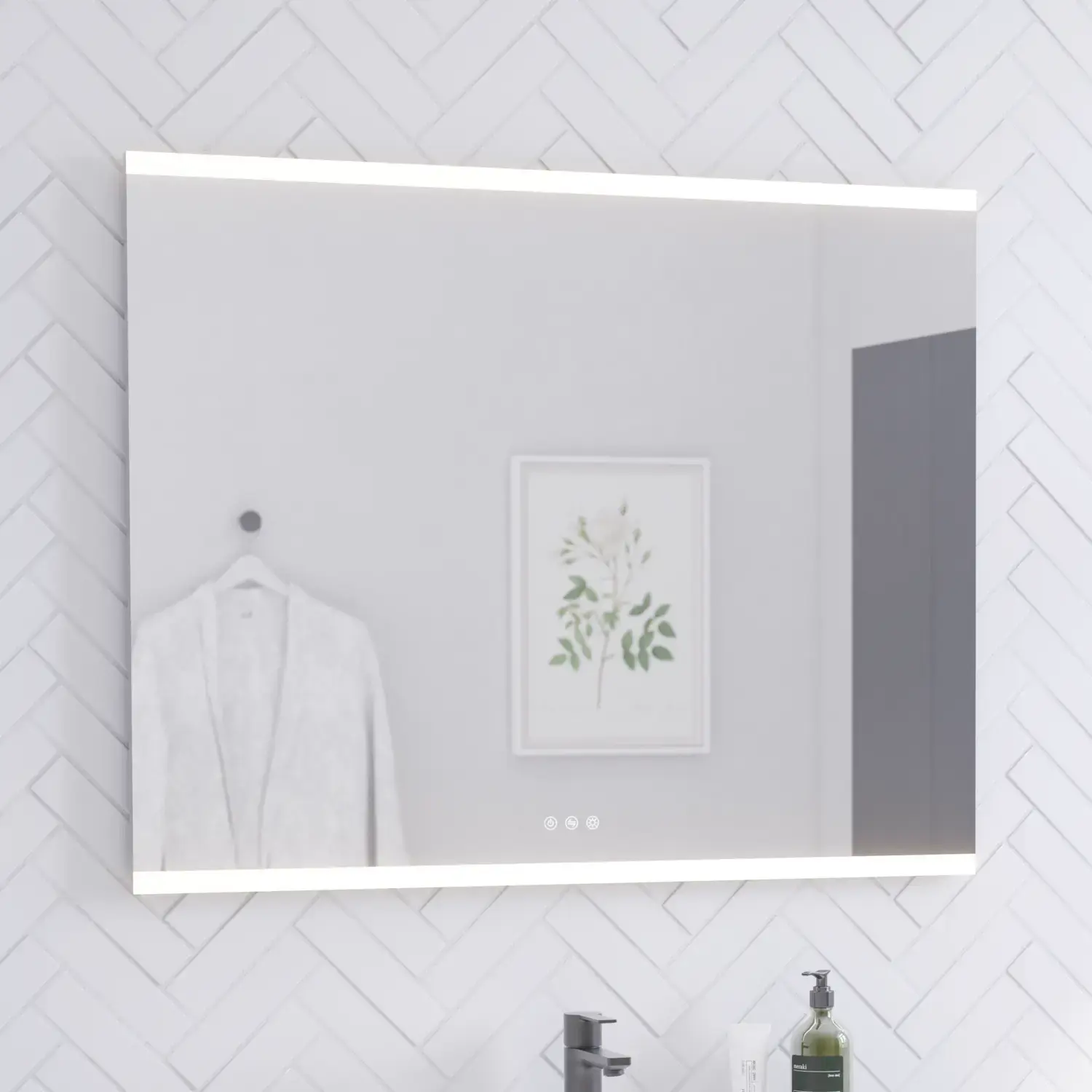 Bathroom inspiration with a washbasin cabinet and tall cabinets in black oak, an elegant square washbasin and square mirror with integrated lighting, large white floor tiles, and herringbone wall tiles creating a bright and modern look.