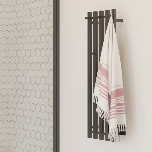 Large bathroom inspiration with white bathroom furniture, square mirror, and shower screen with swing doors with clear glass and profiles in matt black, as well as an elegant electric heated towel rail.