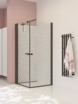 Large bathroom inspiration with white bathroom furniture, square mirror, and shower screen with swing doors with clear glass and profiles in matt black, as well as an elegant electric heated towel rail.