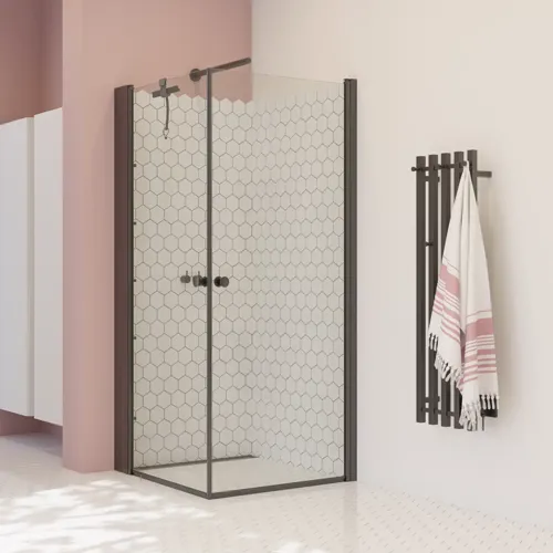 Large bathroom inspiration with white bathroom furniture, square mirror, and shower screen with swing doors with clear glass and profiles in matt black, as well as an elegant electric heated towel rail.
