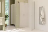 Large bathroom inspiration with green bathroom furniture, square mirror, and shower enclosure with swing doors with clear glass and profiles in satin, as well as an elegant electric heated towel rail.