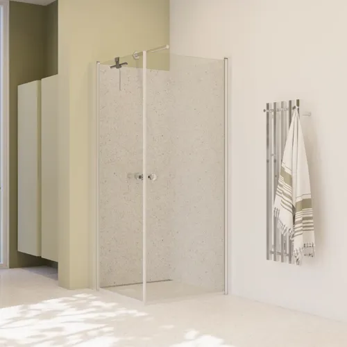 Large bathroom inspiration with green bathroom furniture, square mirror, and shower enclosure with swing doors with clear glass and profiles in satin, as well as an elegant electric heated towel rail.