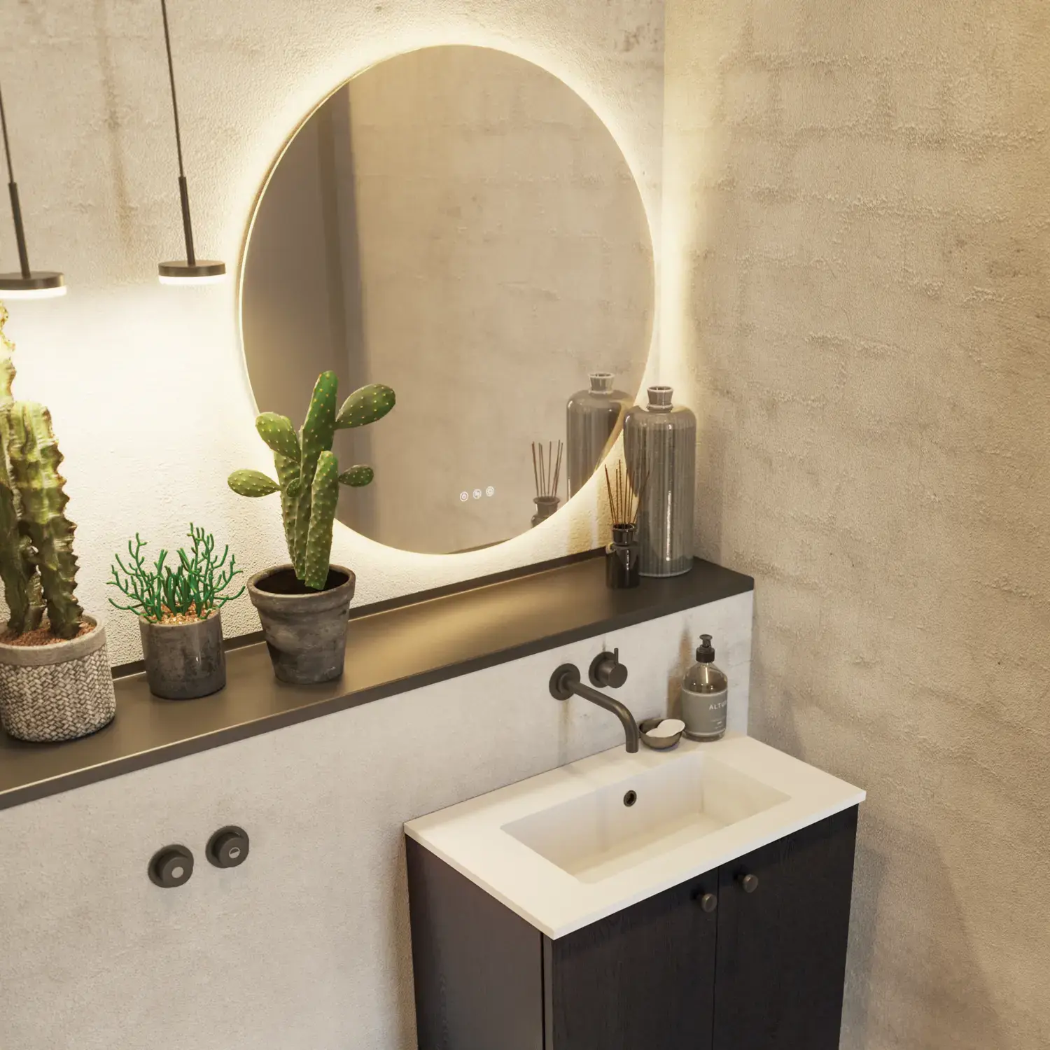 Bathroom inspiration with a black oak washbasin cabinet, an elegant round mirror and sink, stylish accessories, cactus plants, and walls in raw materials give a rough, industrial, and urban look.